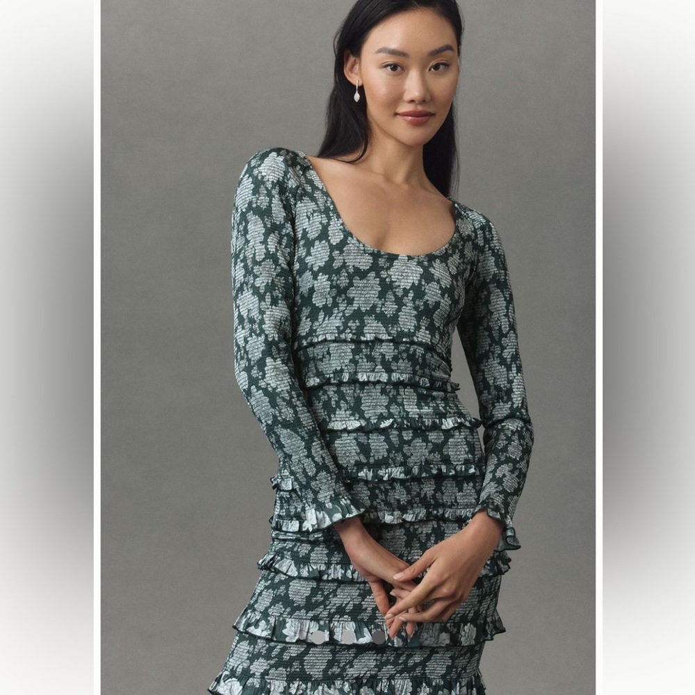 NWT Anthropologie V. Chapman Green Floral Longsleeve Ruched Ruffle Maxi Dress - Picture 3 of 3